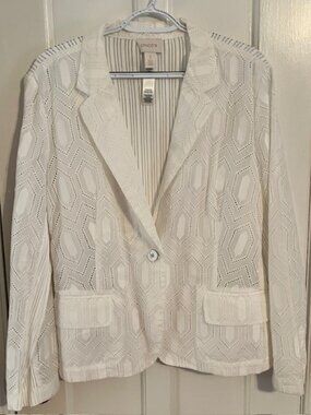 CHICO'S WHITE EYELET LS BLAZER JACKET, 3 (SIZE XL/16), ONE BUTTON, LIKE NEW!